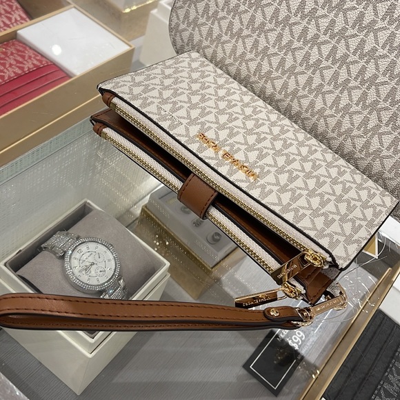 Michael Kors Jet Set Travel Large Double-Zip Wristlet-Wallet-PhoneHolder Vanilla - Picture 4 of 16